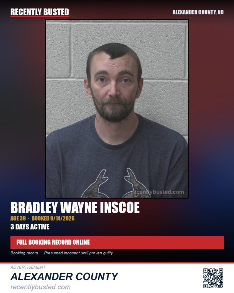 BRADLEY WAYNE INSCOE — arrest record card, Alexander County, North Carolina