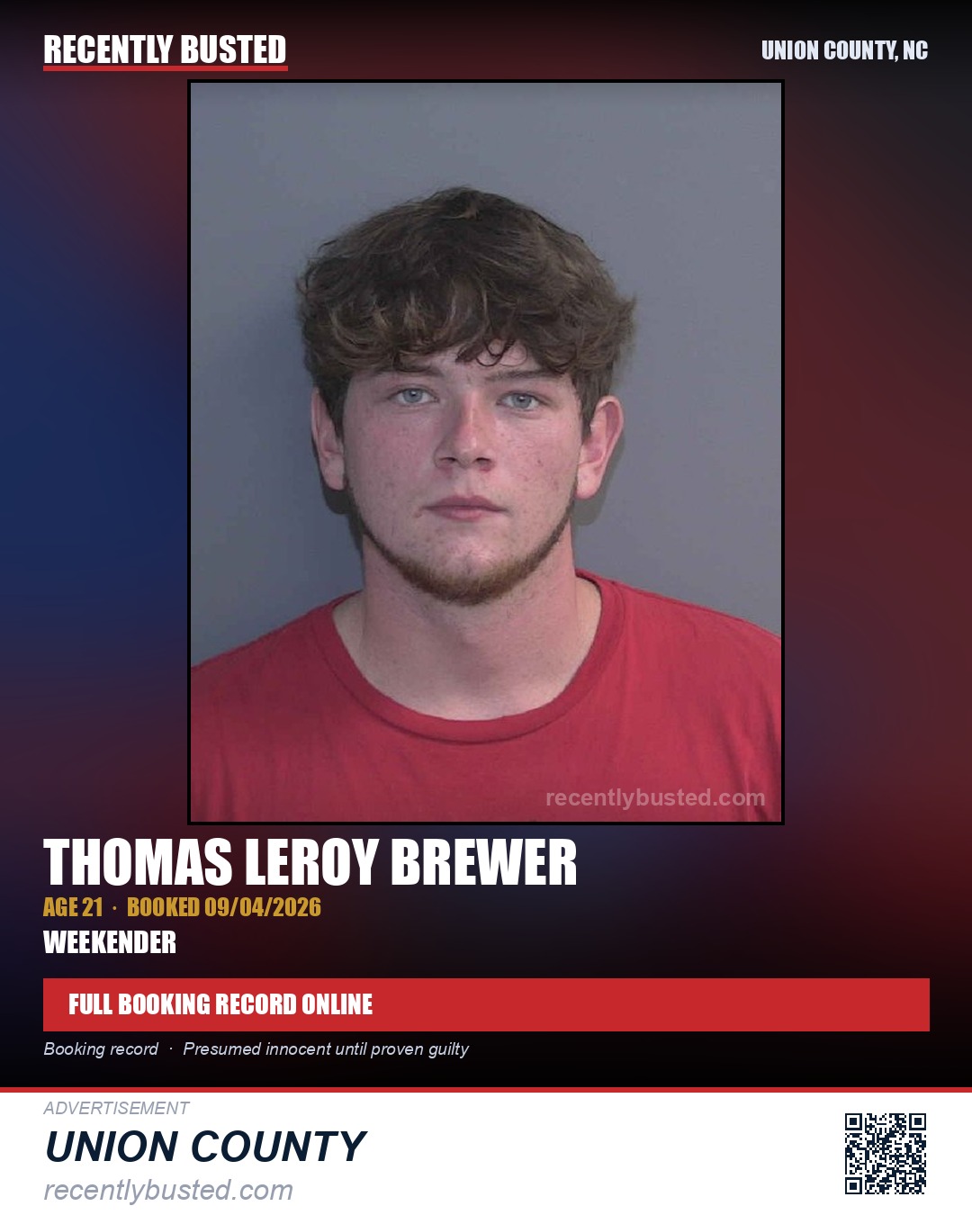 BREWER, THOMAS LEROY — arrest record card, Union County, North Carolina