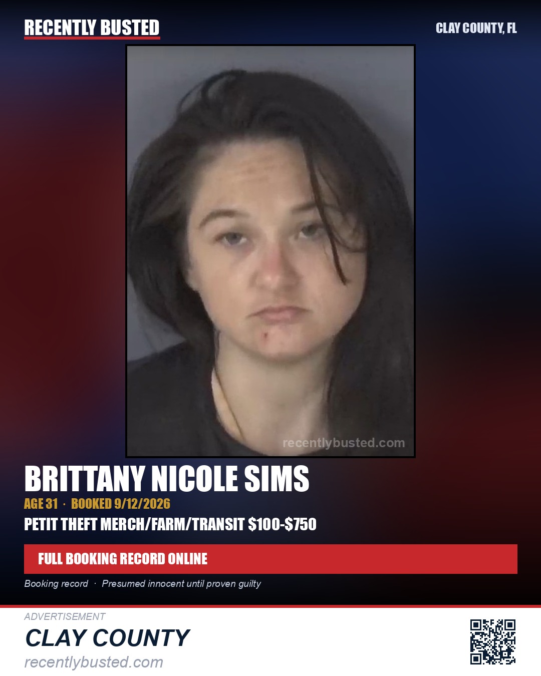 BRITTANY NICOLE SIMS — arrest record card, Clay County, Florida