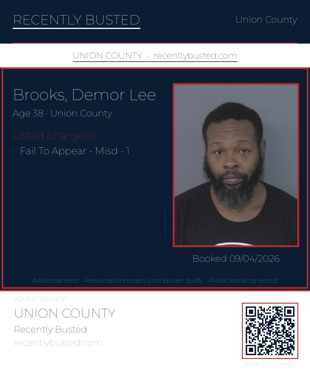 BROOKS, DEMOR LEE — arrest record card, Union County, North Carolina