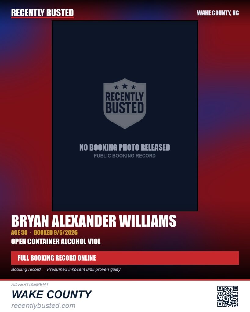 BRYAN ALEXANDER WILLIAMS — arrest record card, Wake County, North Carolina