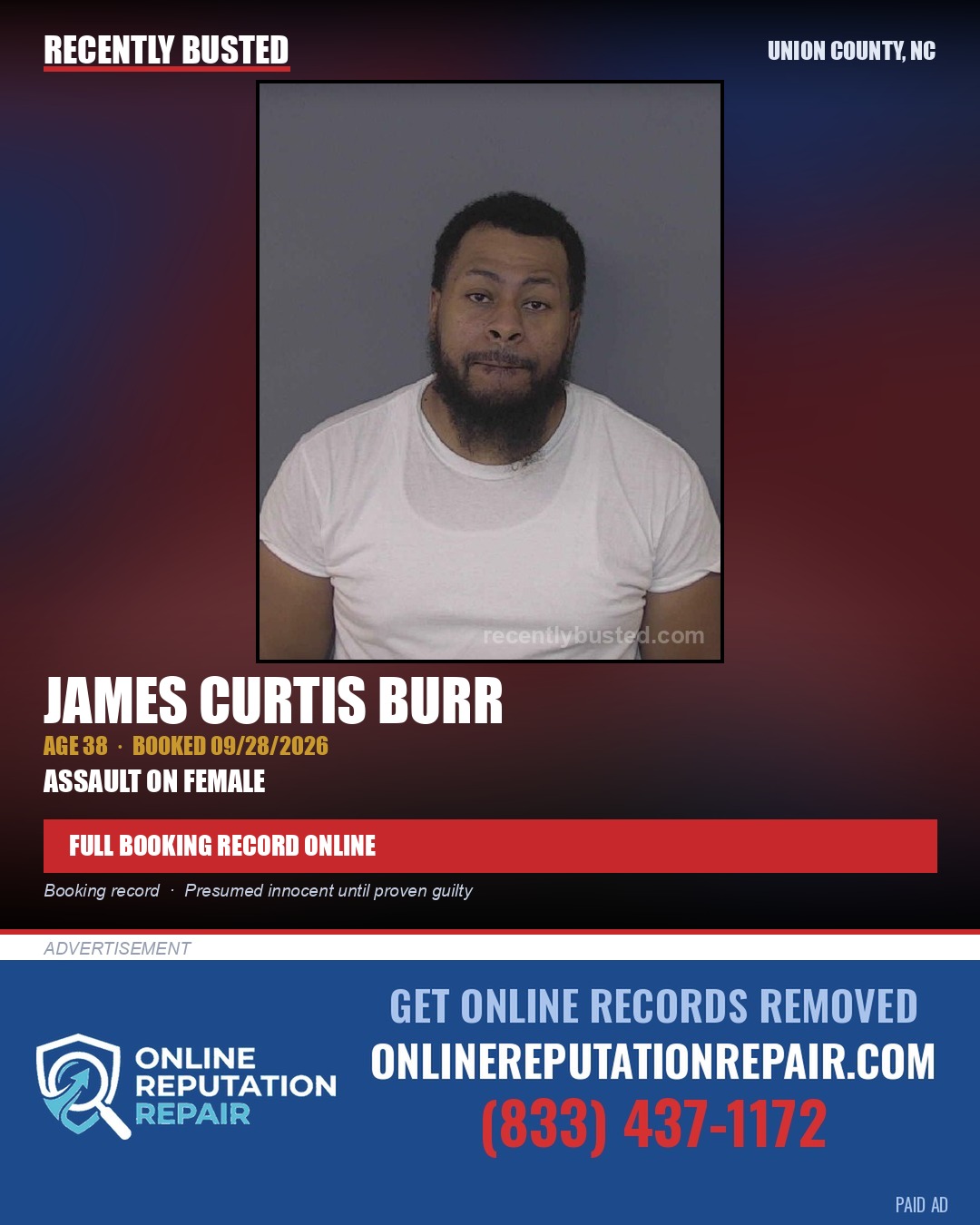 BURR, JAMES CURTIS — arrest record card, Union County, North Carolina