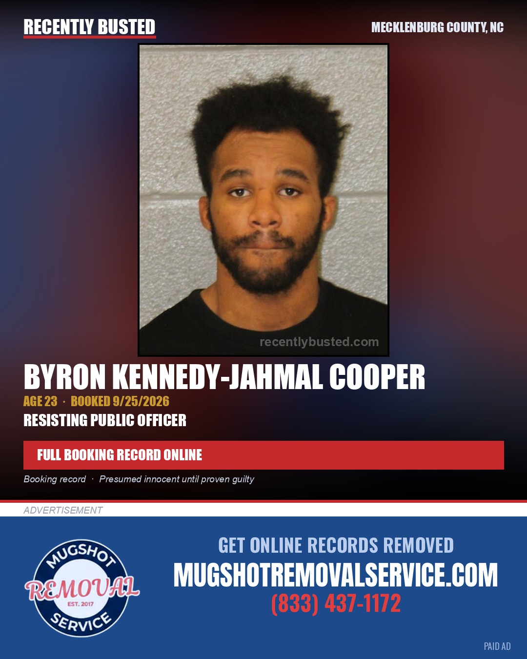 BYRON KENNEDY-JAHMAL COOPER — arrest record card, Mecklenburg County, North Carolina