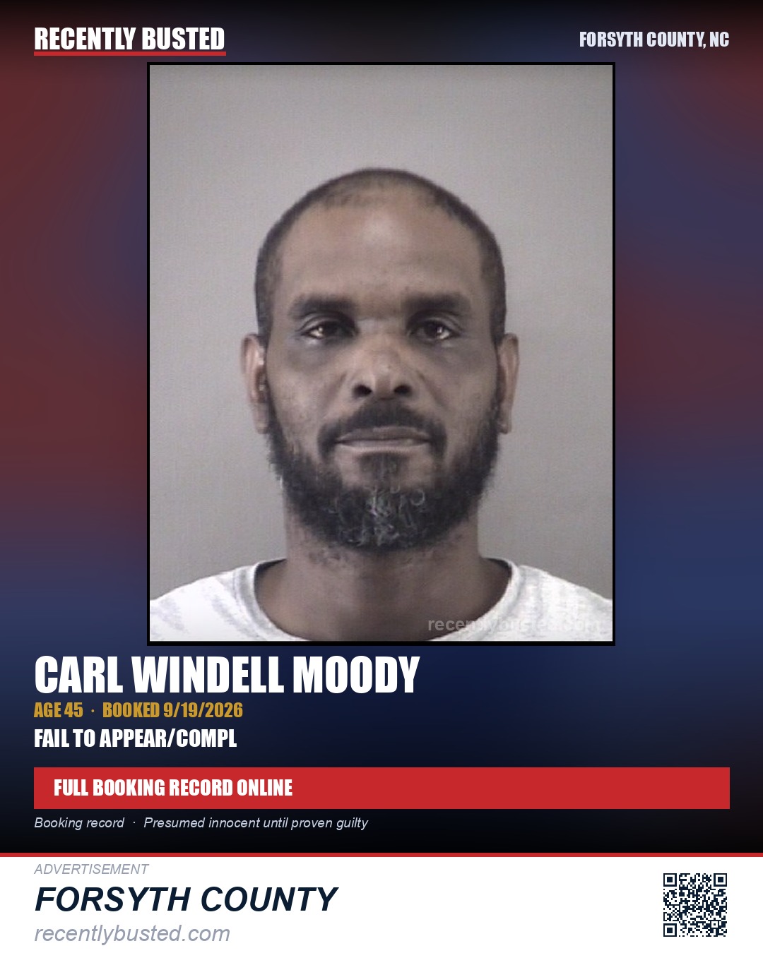 CARL WINDELL MOODY — arrest record card, Forsyth County, North Carolina