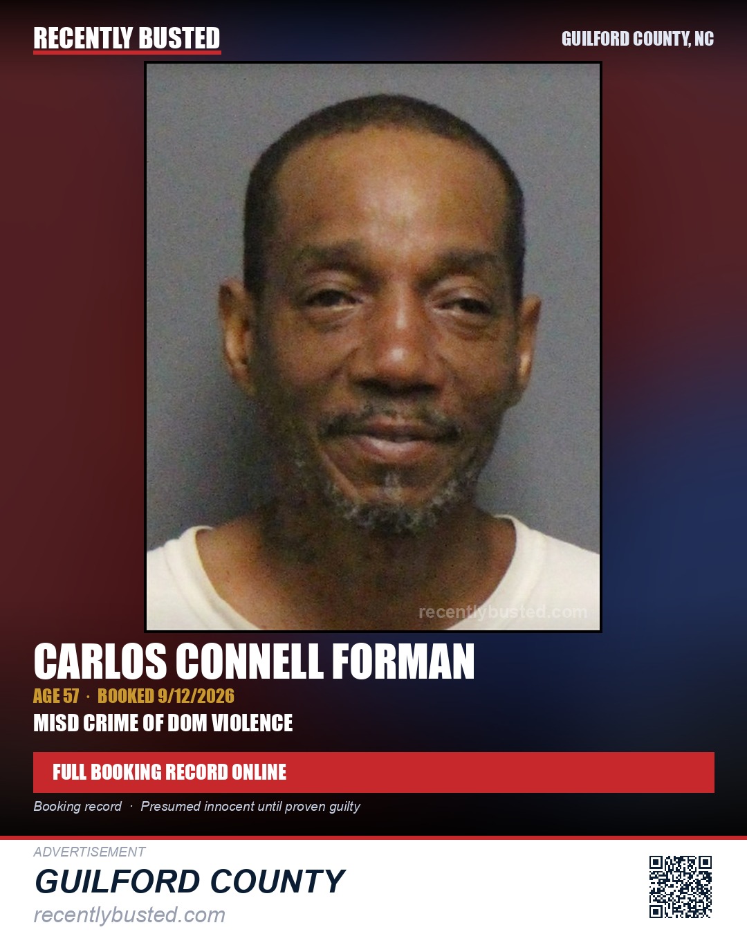 CARLOS CONNELL FORMAN — arrest record card, Guilford County, North Carolina