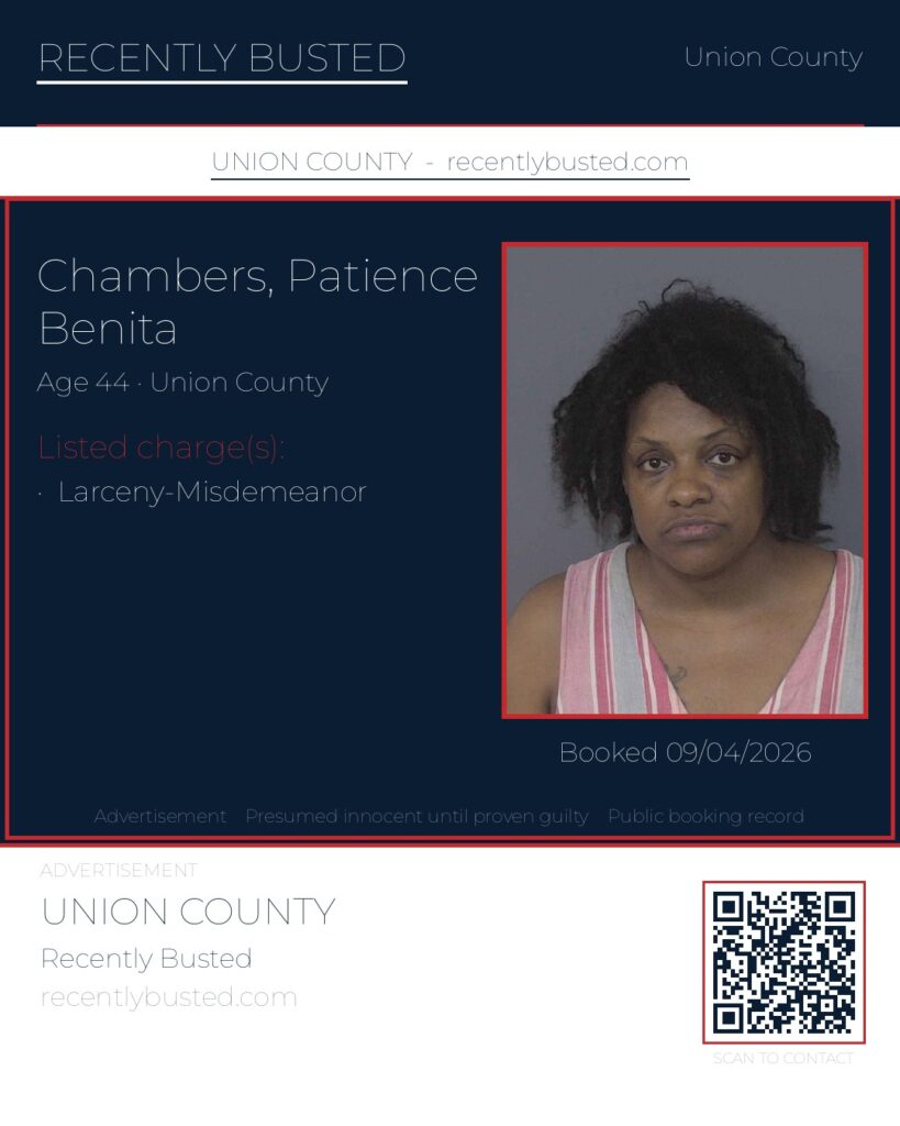 CHAMBERS, PATIENCE BENITA — arrest record card, Union County, North Carolina