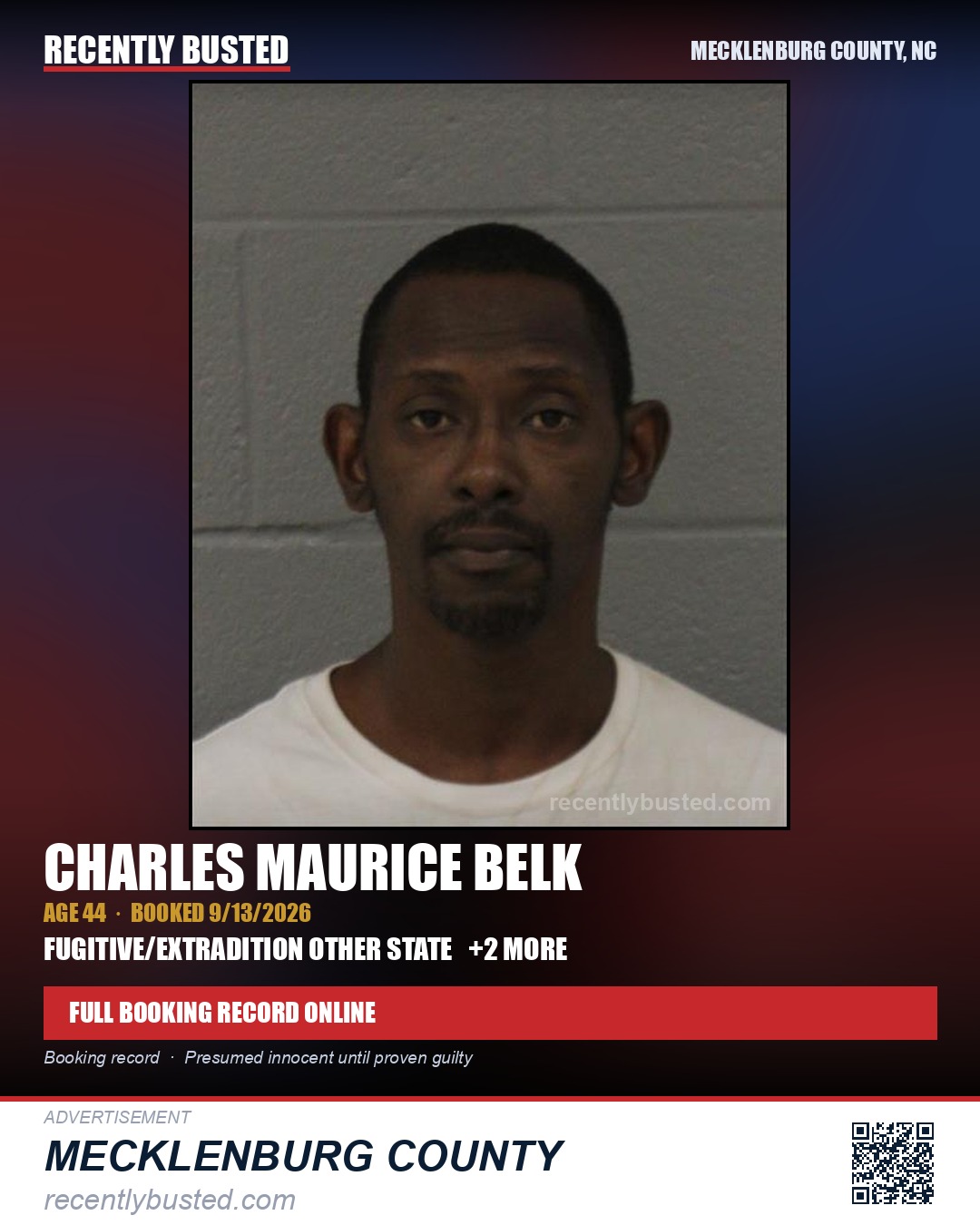 CHARLES MAURICE BELK — arrest record card, Mecklenburg County, North Carolina
