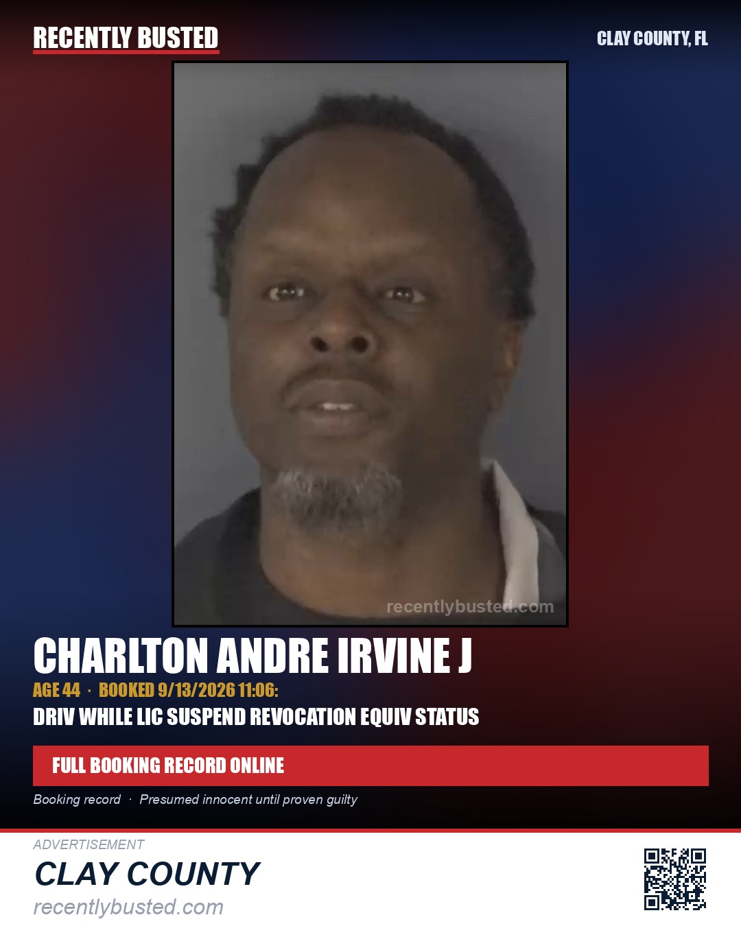 CHARLTON ANDRE IRVINE J — arrest record card, Clay County, Florida