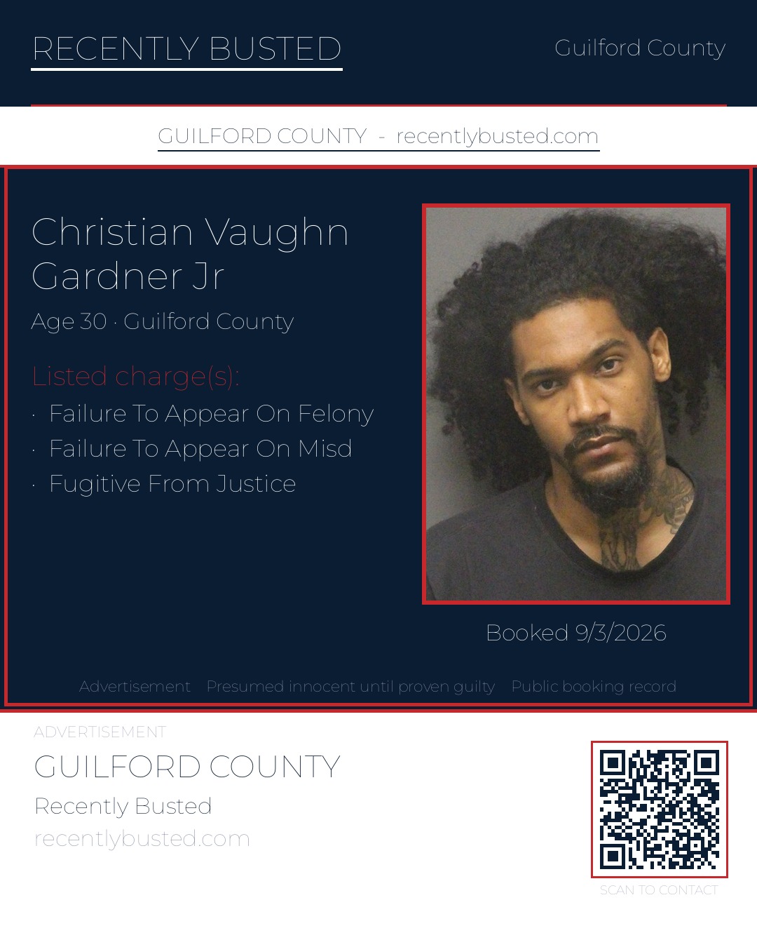 CHRISTIAN VAUGHN GARDNER JR — arrest record card, Guilford County, North Carolina