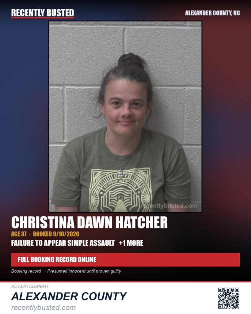 CHRISTINA DAWN HATCHER — arrest record card, Alexander County, North Carolina