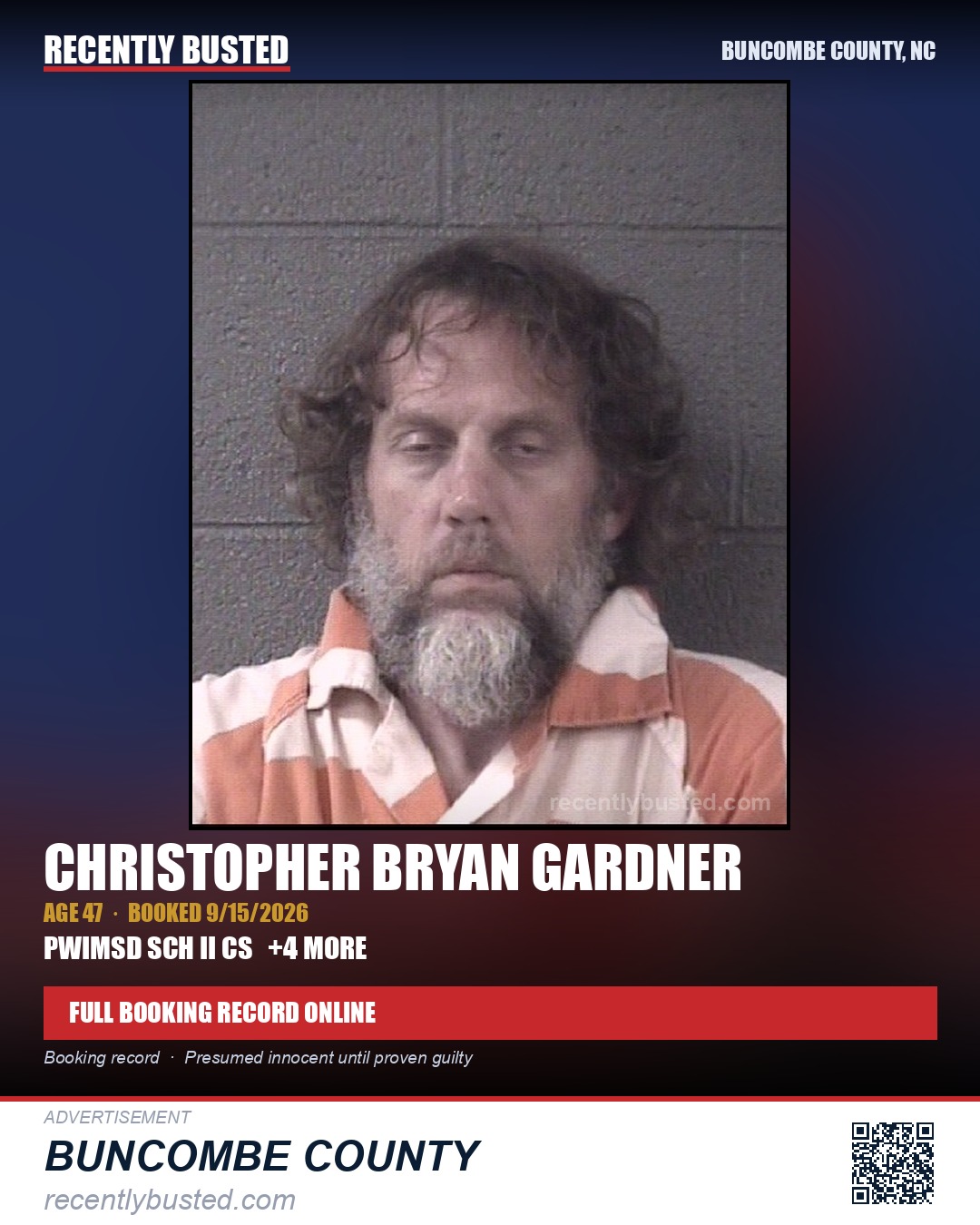 CHRISTOPHER BRYAN GARDNER — arrest record card, Buncombe County, North Carolina