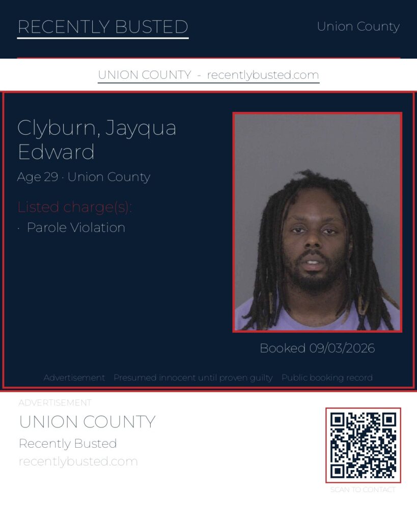 CLYBURN, JAYQUA EDWARD — arrest record card, Union County, North Carolina
