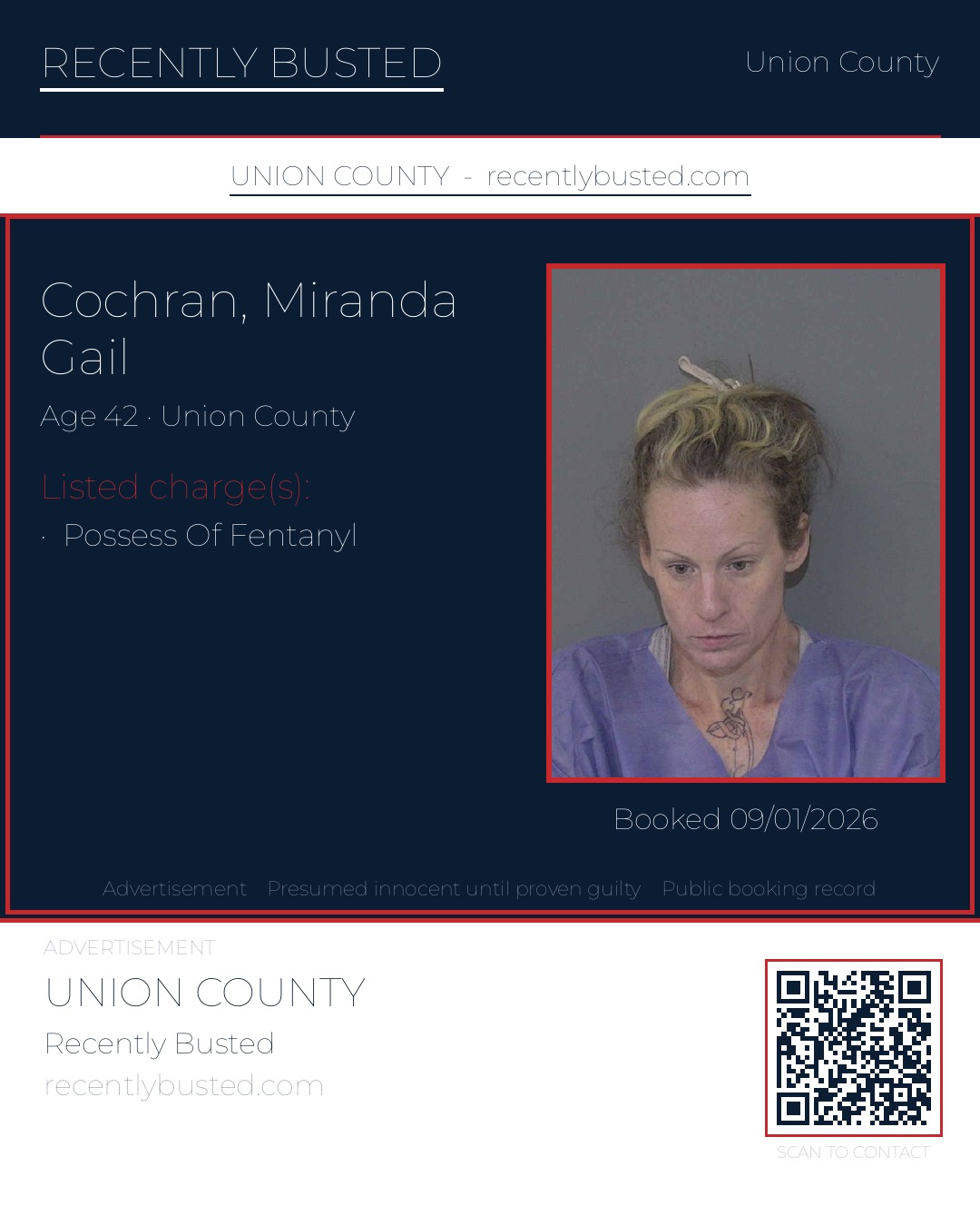 COCHRAN, MIRANDA GAIL — arrest record card, Union County, North Carolina