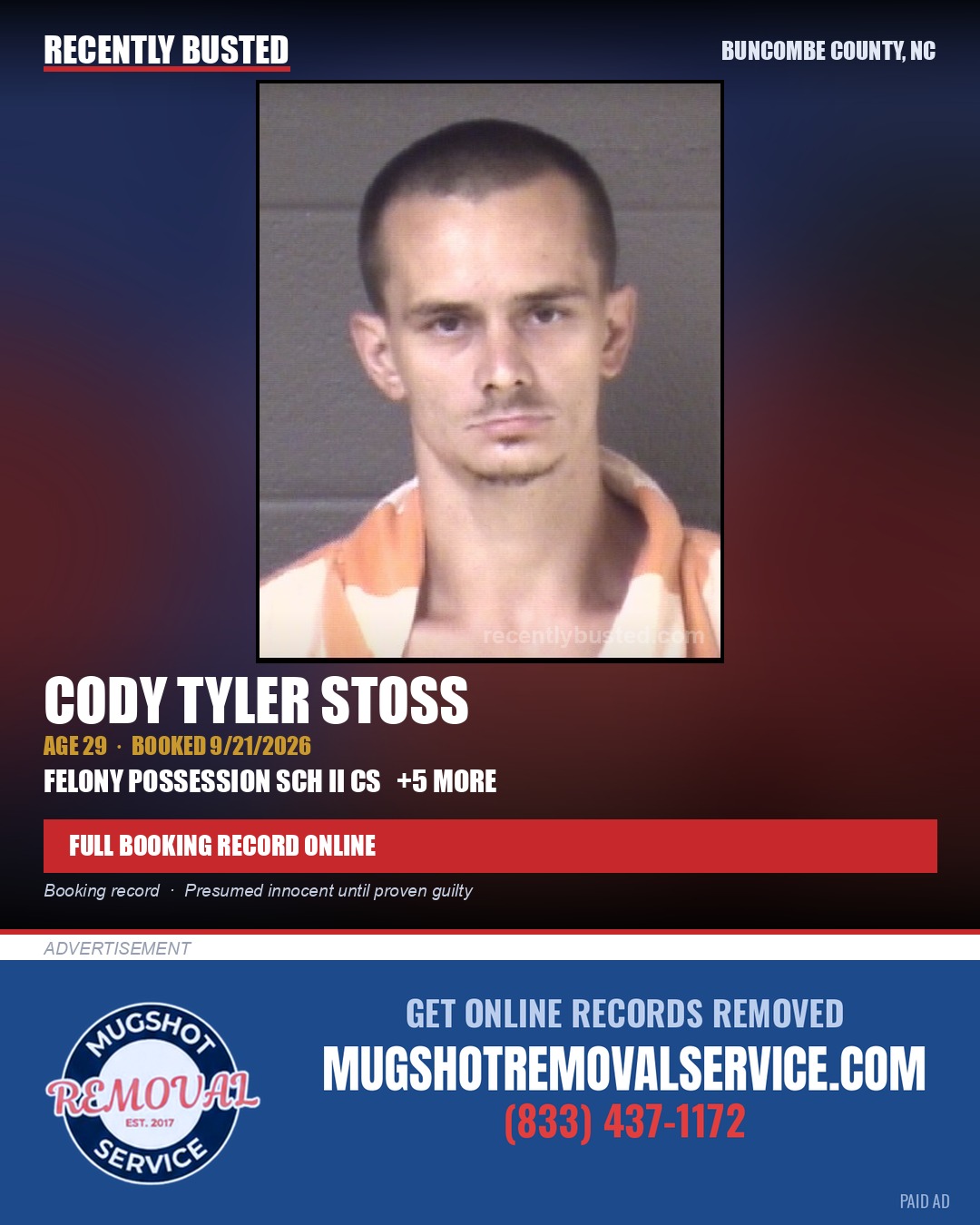 CODY TYLER STOSS — arrest record card, Buncombe County, North Carolina