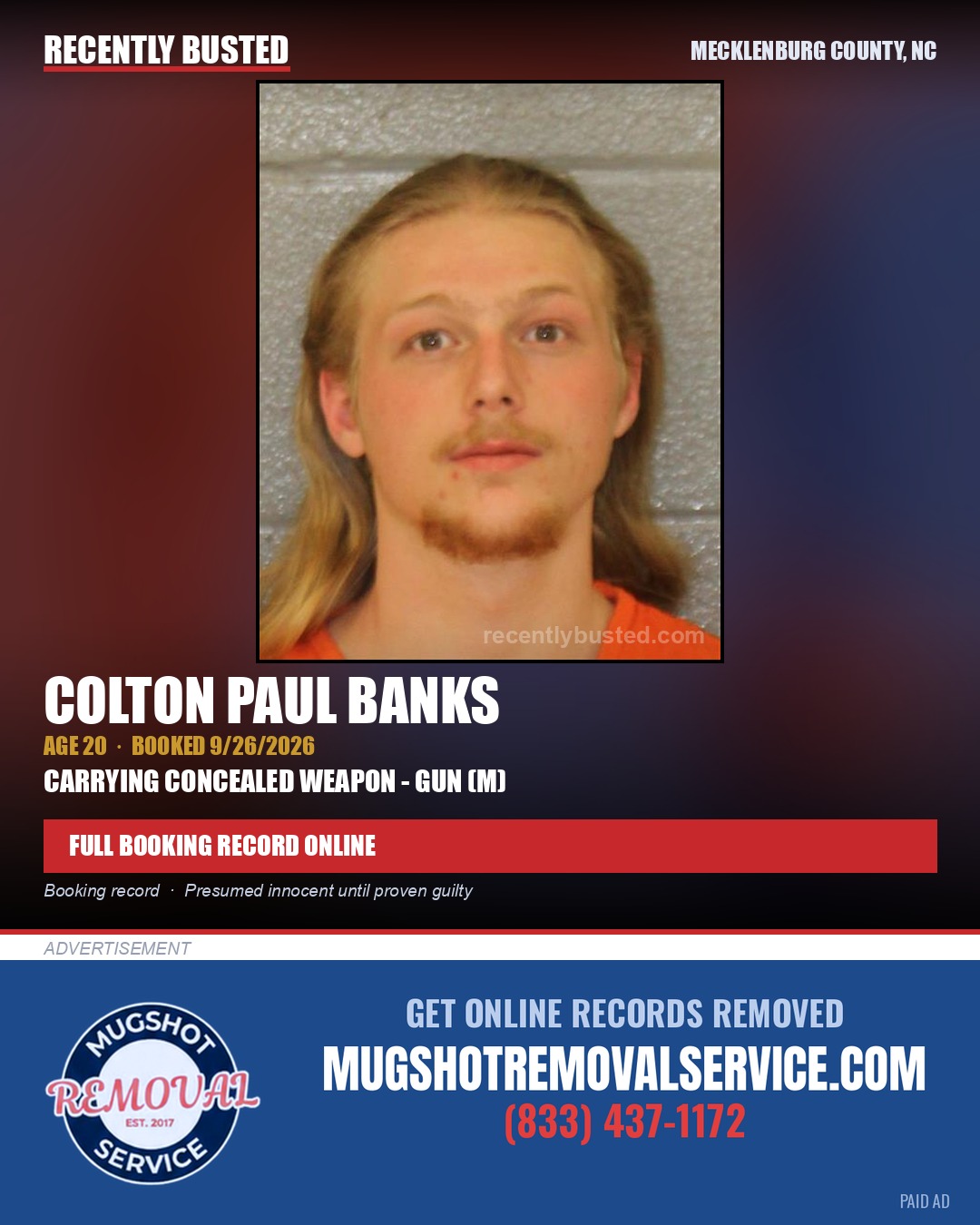 COLTON PAUL BANKS — arrest record card, Mecklenburg County, North Carolina