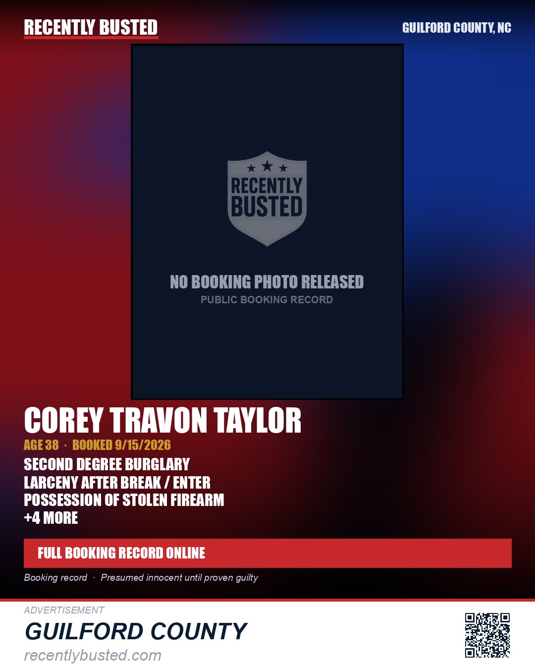 COREY TRAVON TAYLOR — arrest record card, Guilford County, North Carolina