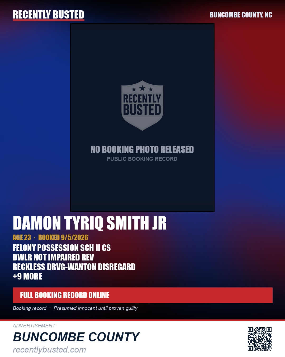 DAMON TYRIQ SMITH JR — arrest record card, Buncombe County, North Carolina