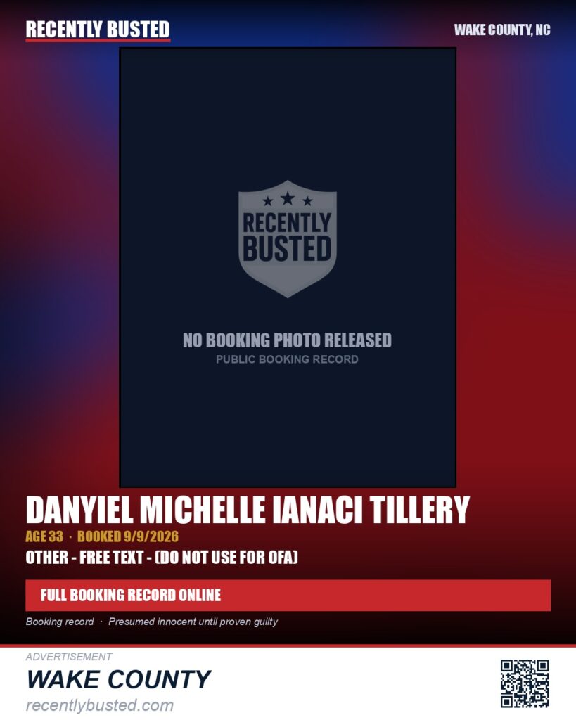 DANYIEL MICHELLE IANACI TILLERY — arrest record card, Wake County, North Carolina