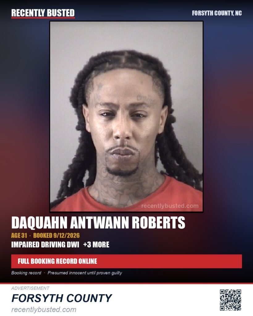 DAQUAHN ANTWANN ROBERTS — arrest record card, Forsyth County, North Carolina