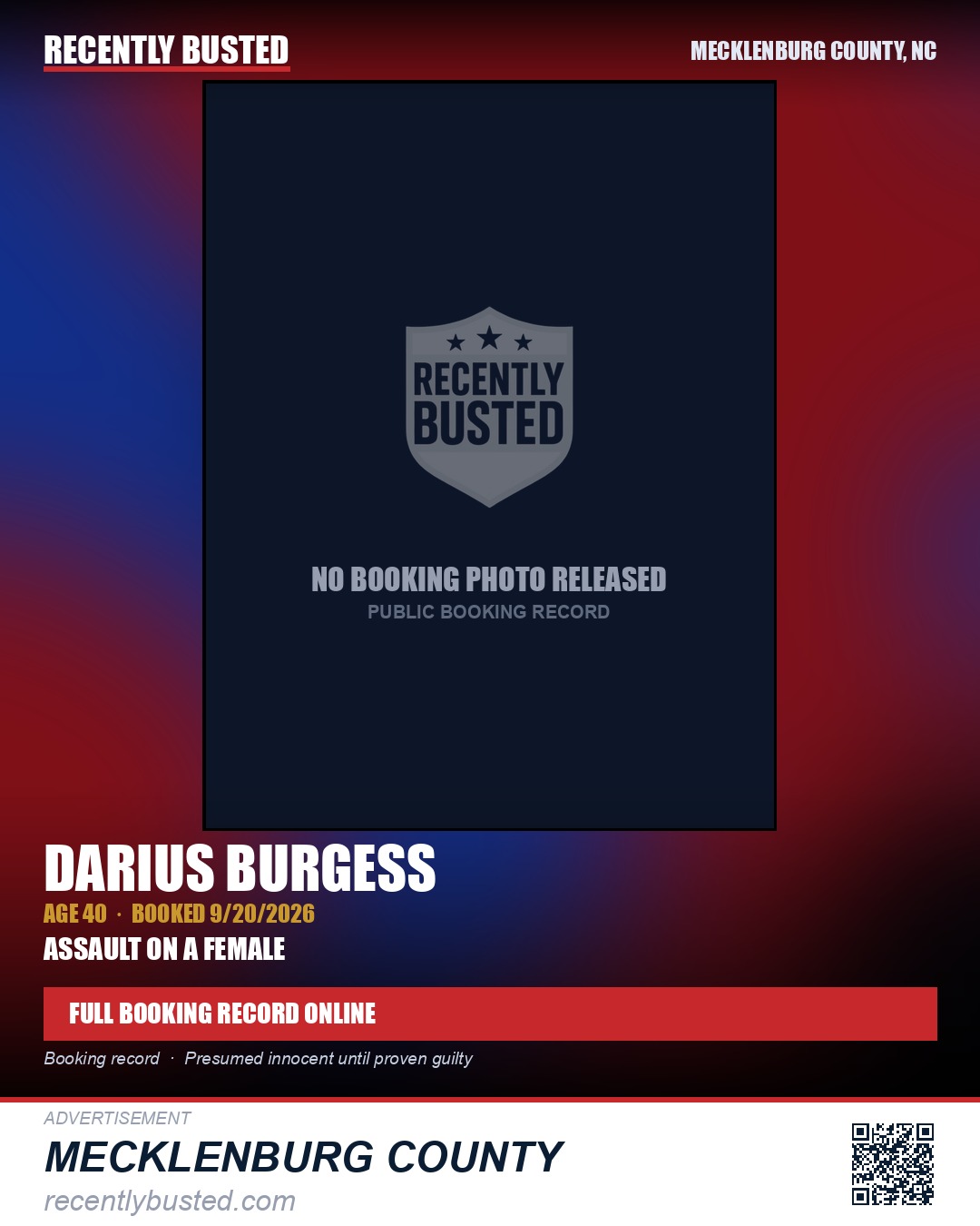 DARIUS BURGESS — arrest record card, Mecklenburg County, North Carolina
