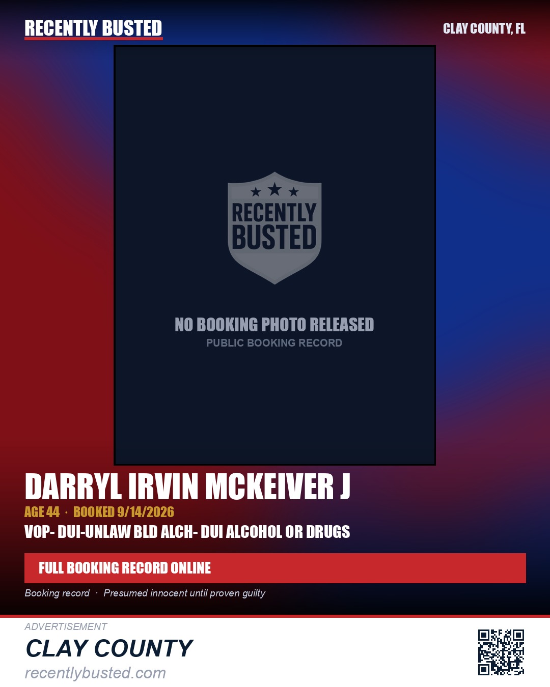 DARRYL IRVIN MCKEIVER J — arrest record card, Clay County, Florida