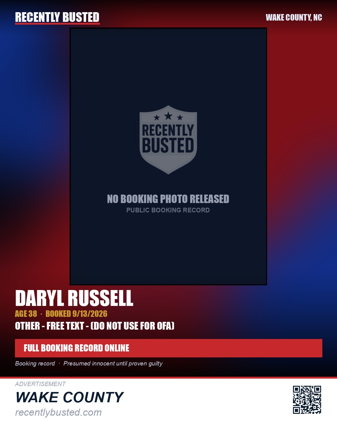 DARYL RUSSELL — arrest record card, Wake County, North Carolina