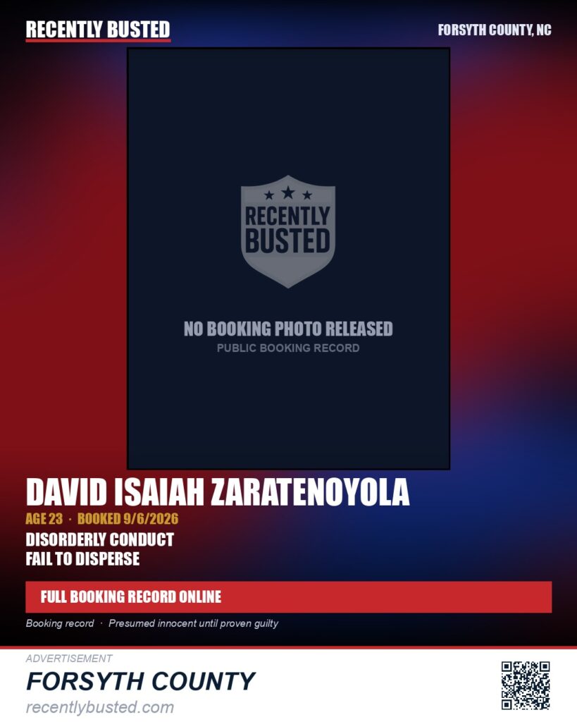 DAVID ISAIAH ZARATENOYOLA — arrest record card, Forsyth County, North Carolina