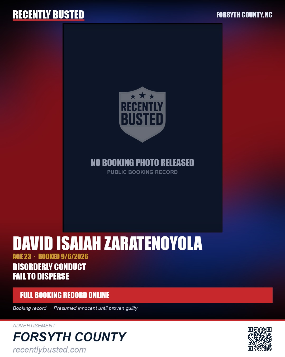 DAVID ISAIAH ZARATENOYOLA — arrest record card, Forsyth County, North Carolina