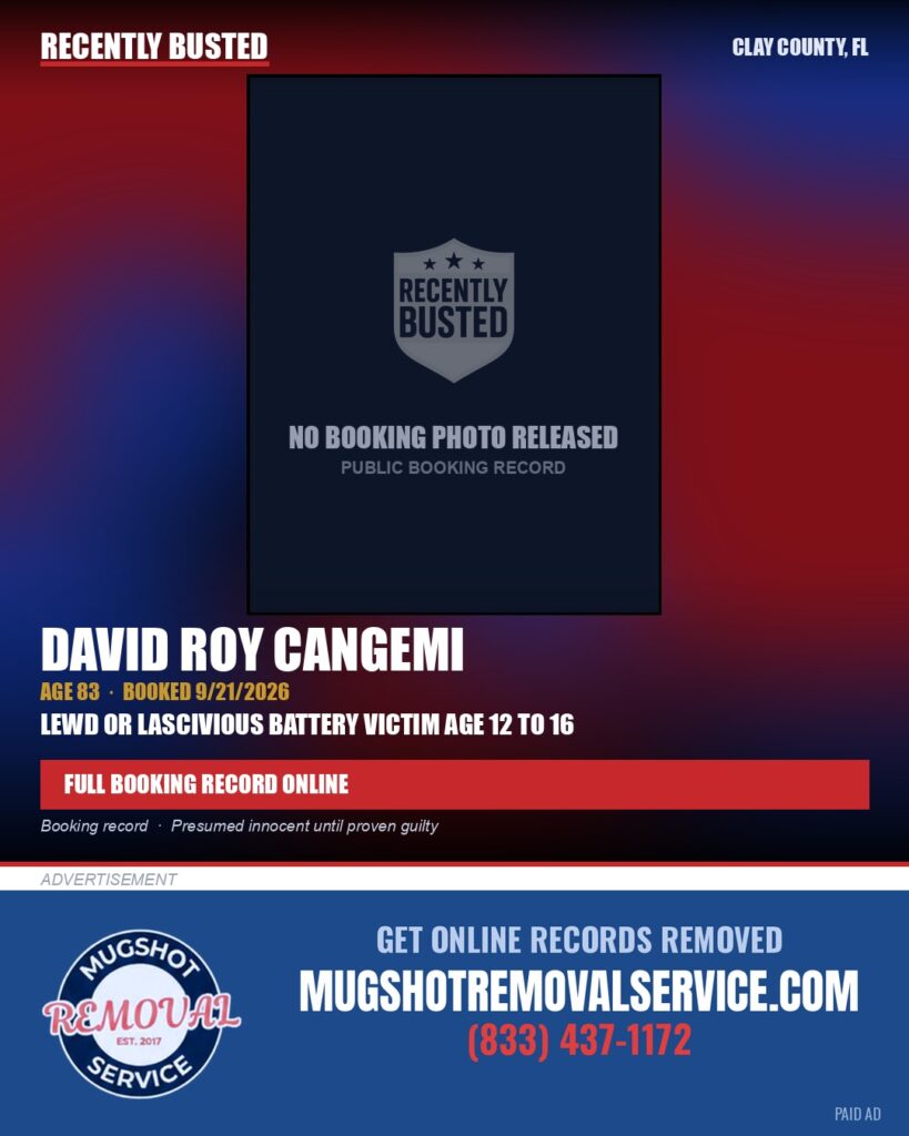 DAVID ROY CANGEMI — arrest record card, Clay County, Florida