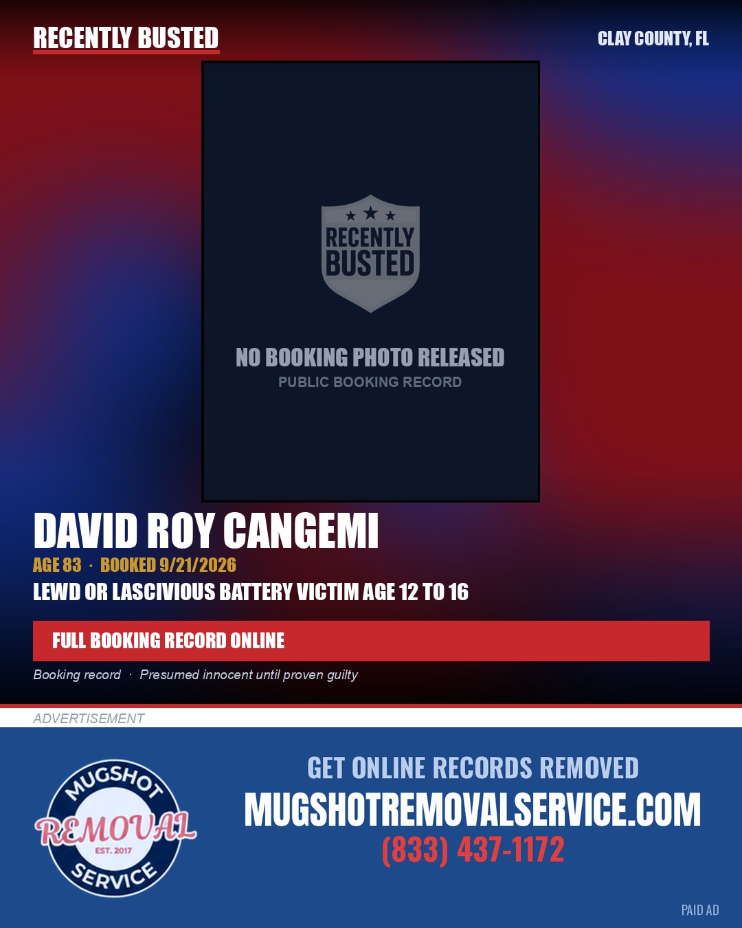 DAVID ROY CANGEMI — arrest record card, Clay County, Florida