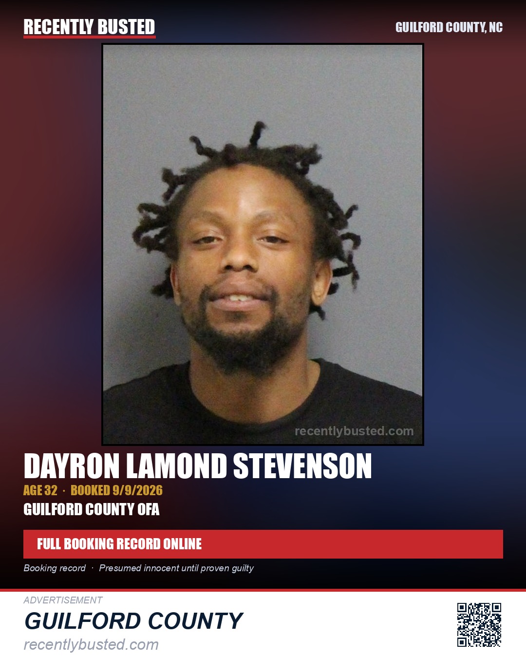 DAYRON LAMOND STEVENSON — arrest record card, Guilford County, North Carolina