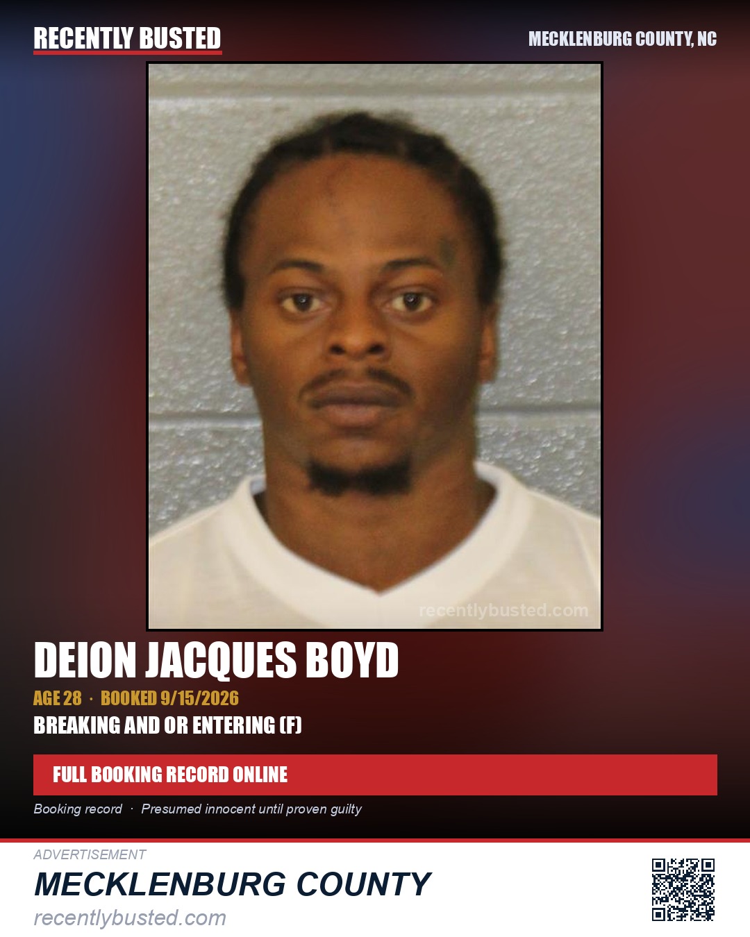 DEION JACQUES BOYD — arrest record card, Mecklenburg County, North Carolina