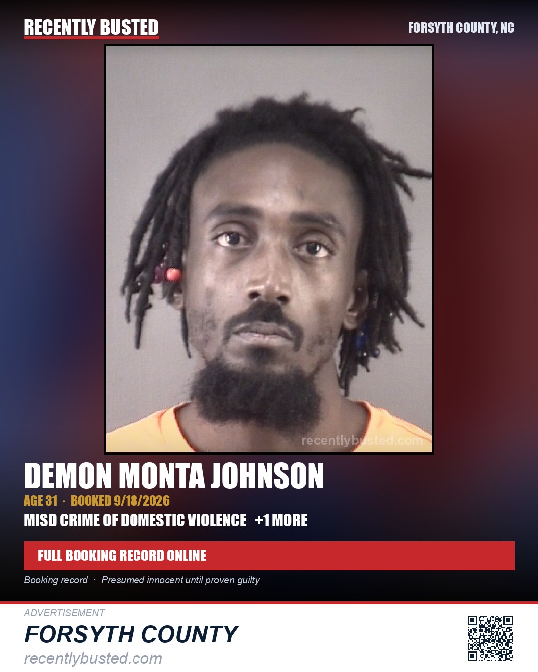 DEMON MONTA JOHNSON — arrest record card, Forsyth County, North Carolina