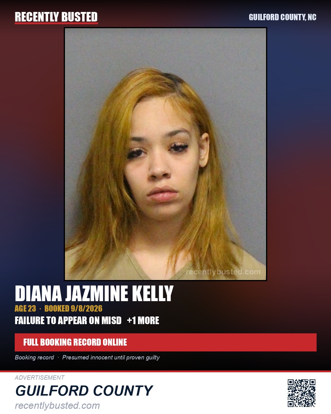 DIANA JAZMINE KELLY — arrest record card, Guilford County, North Carolina