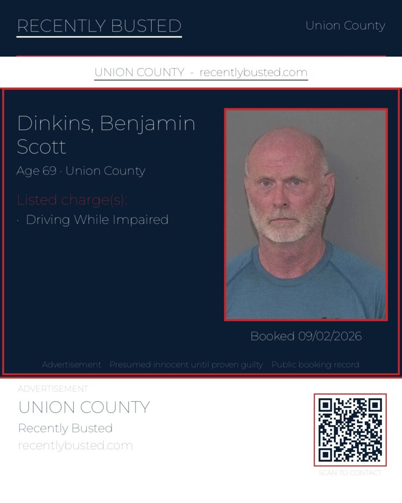 DINKINS, BENJAMIN SCOTT — arrest record card, Union County, North Carolina