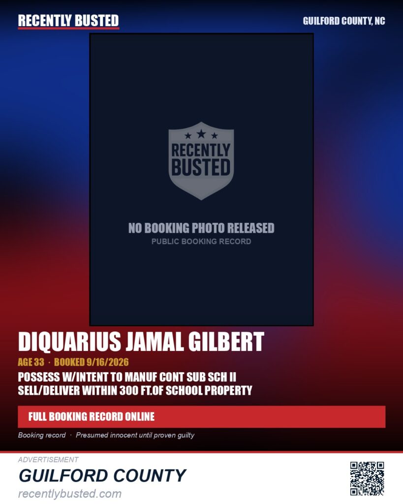 DIQUARIUS JAMAL GILBERT — arrest record card, Guilford County, North Carolina