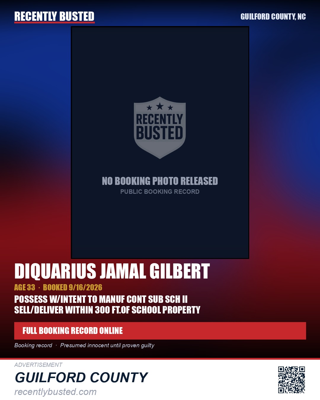 DIQUARIUS JAMAL GILBERT — arrest record card, Guilford County, North Carolina