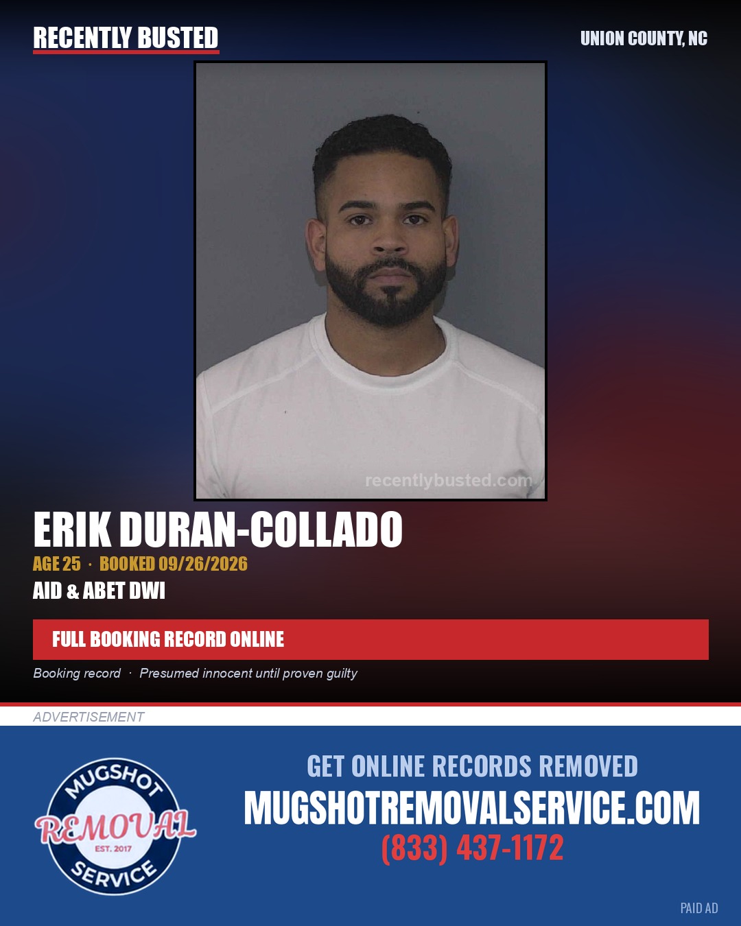 DURAN-COLLADO, ERIK — arrest record card, Union County, North Carolina
