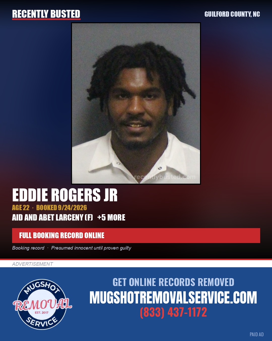 EDDIE ROGERS JR — arrest record card, Guilford County, North Carolina