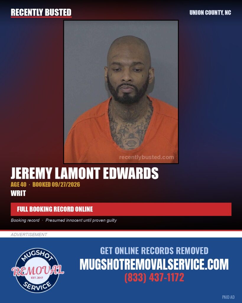 EDWARDS, JEREMY LAMONT — arrest record card, Union County, North Carolina