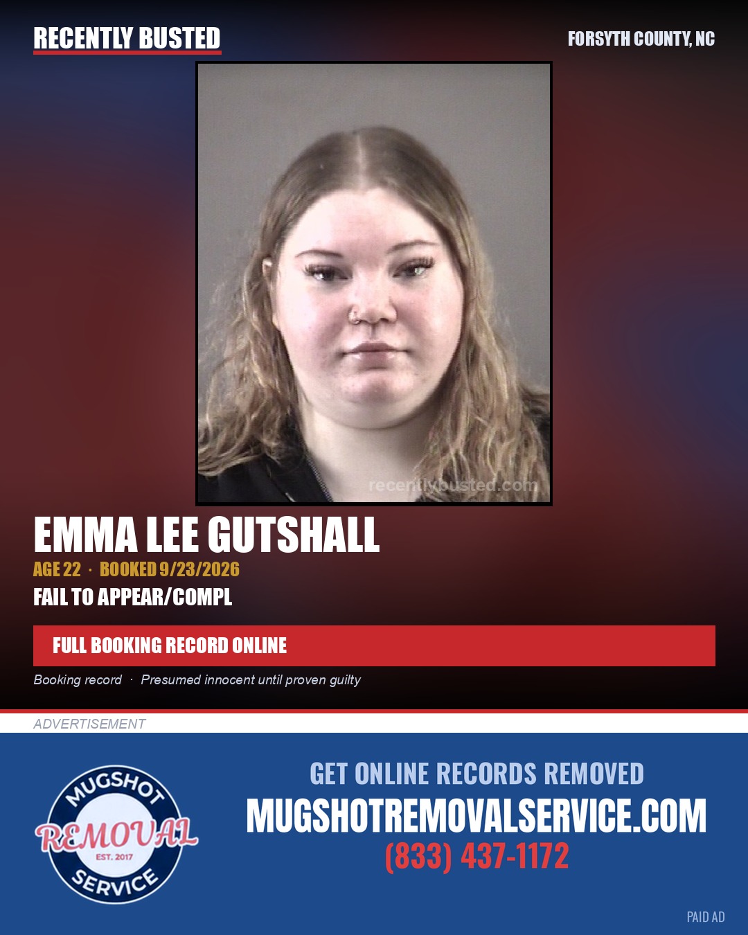 EMMA LEE GUTSHALL — arrest record card, Forsyth County, North Carolina