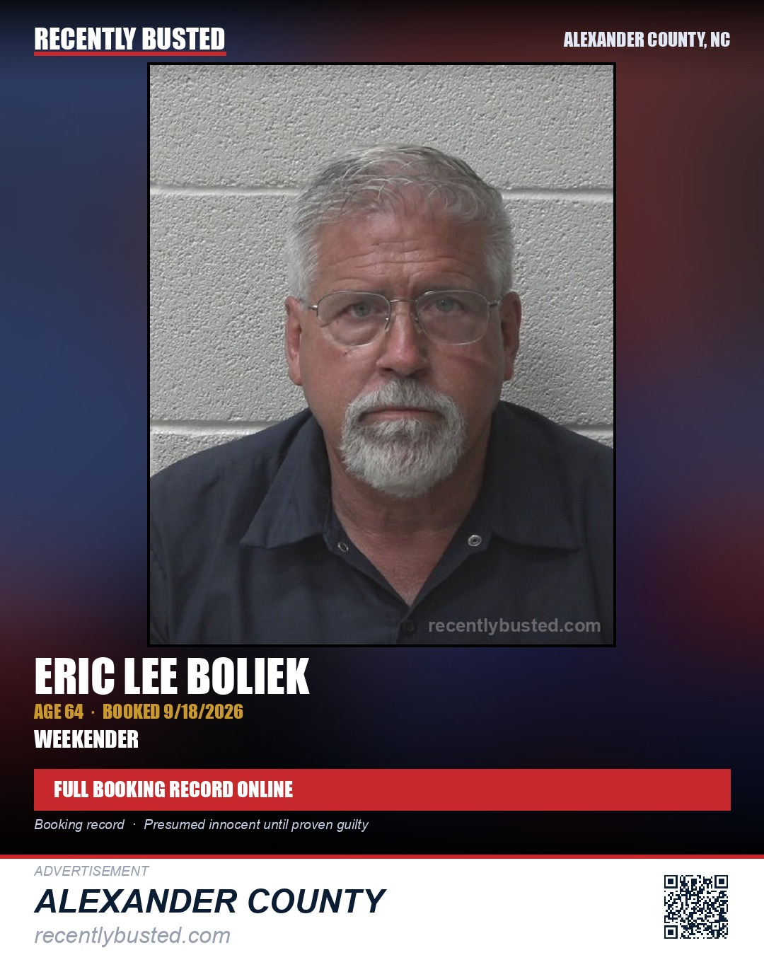 ERIC LEE BOLIEK — arrest record card, Alexander County, North Carolina