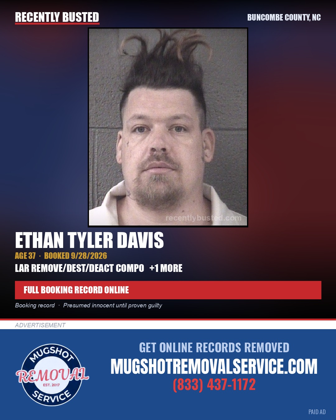 ETHAN TYLER DAVIS — arrest record card, Buncombe County, North Carolina