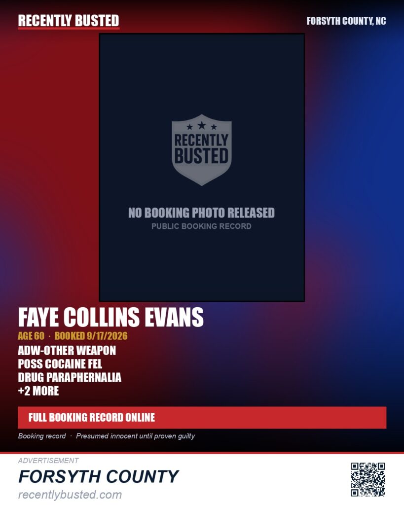 FAYE COLLINS EVANS — arrest record card, Forsyth County, North Carolina
