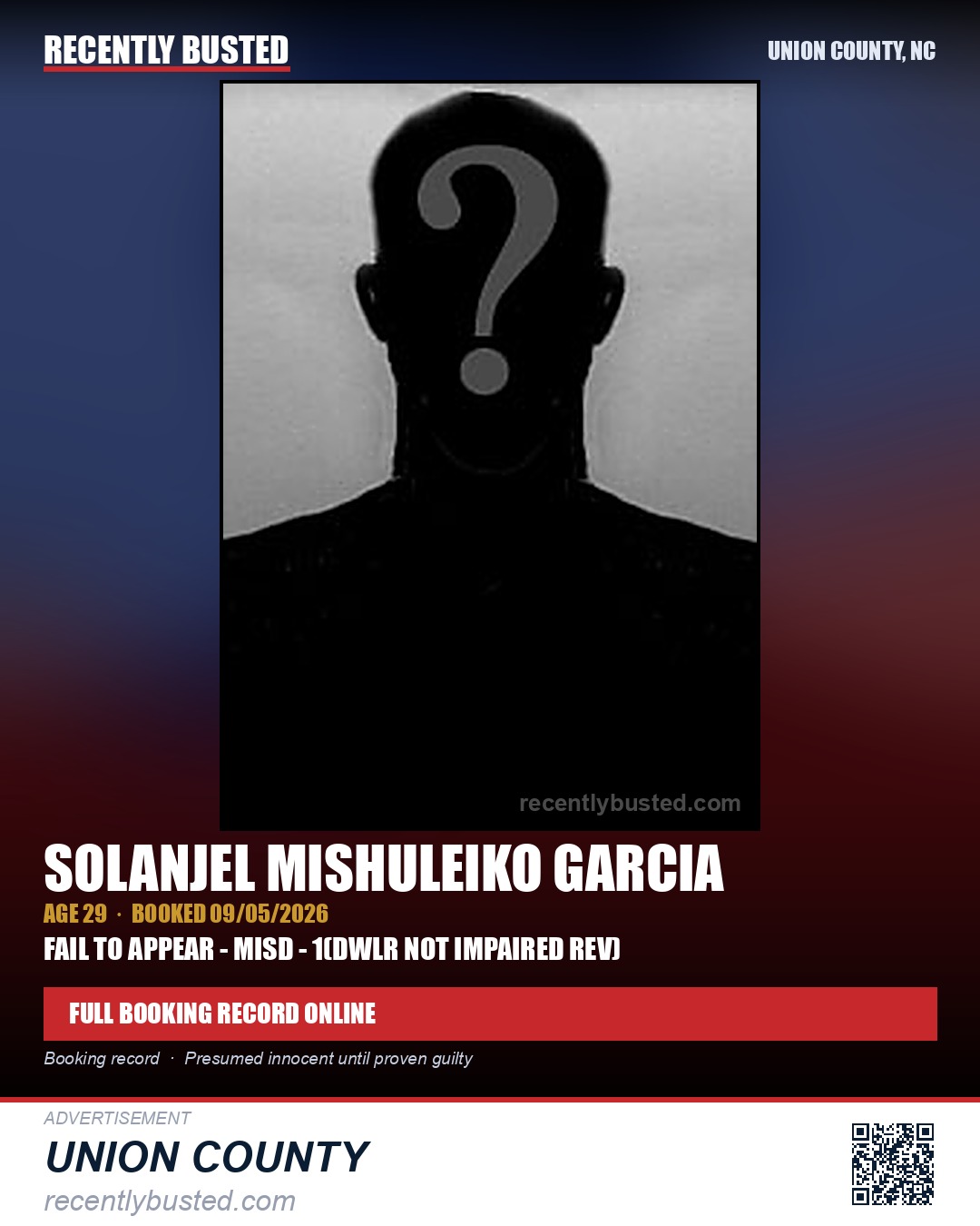 GARCIA, SOLANJEL MISHULEIKO — arrest record card, Union County, North Carolina