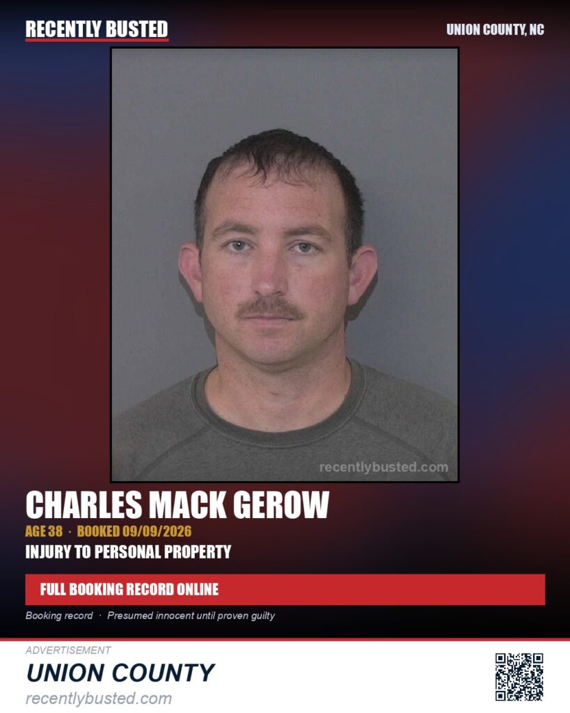 GEROW, CHARLES MACK — arrest record card, Union County, North Carolina