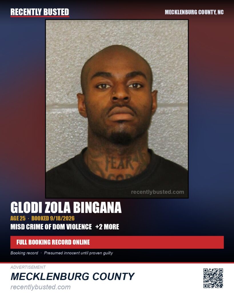 GLODI ZOLA BINGANA — arrest record card, Mecklenburg County, North Carolina