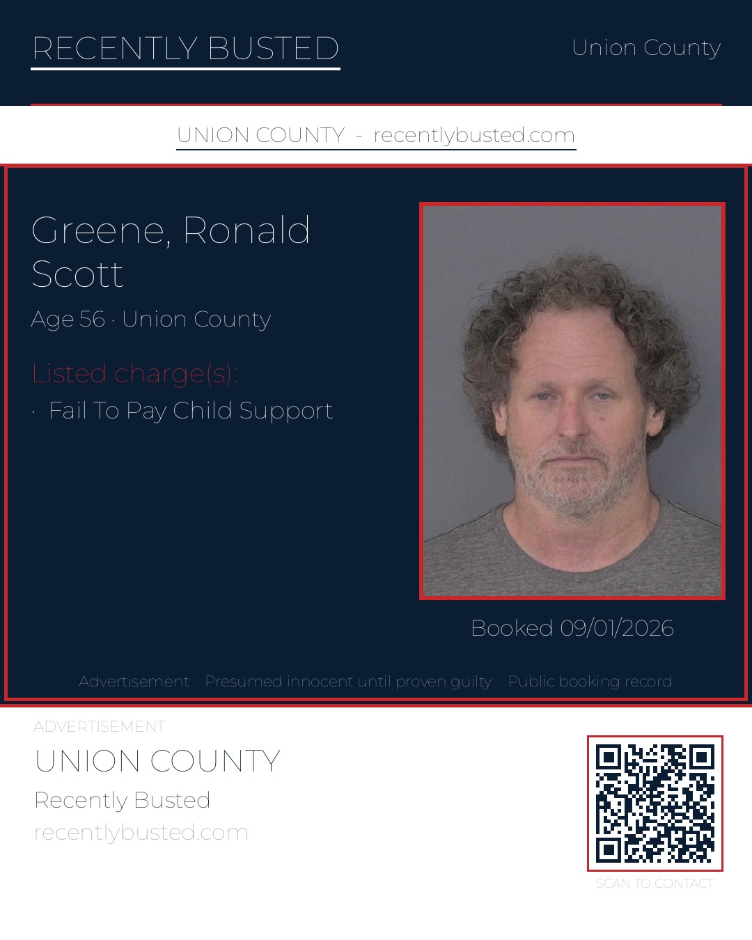 GREENE, RONALD SCOTT — arrest record card, Union County, North Carolina