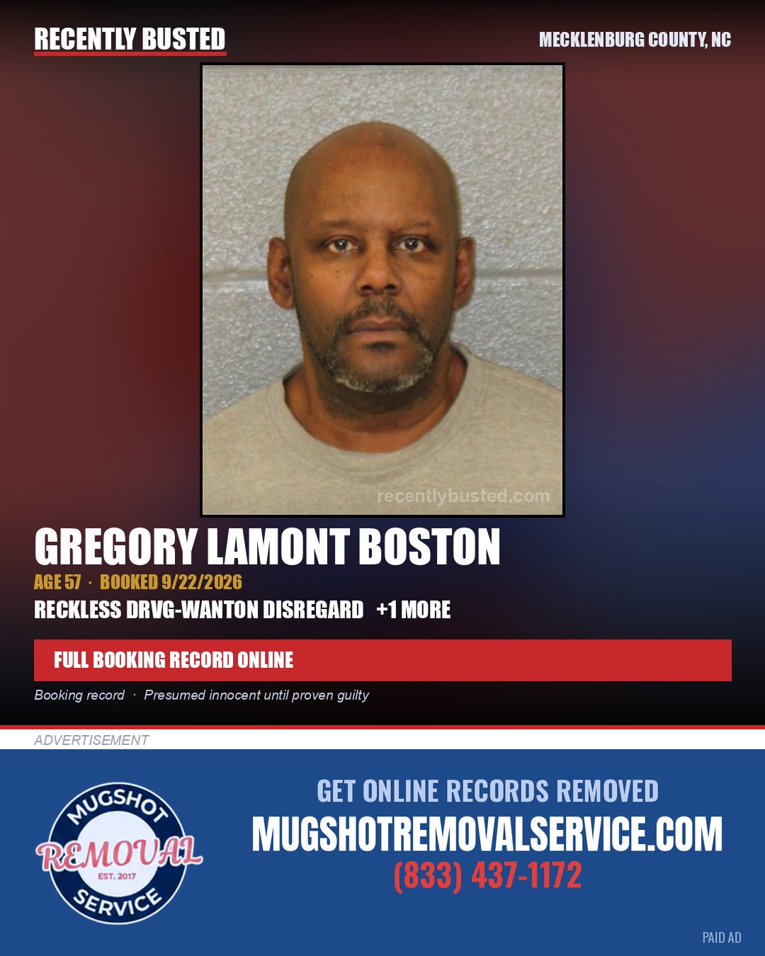 GREGORY LAMONT BOSTON — arrest record card, Mecklenburg County, North Carolina