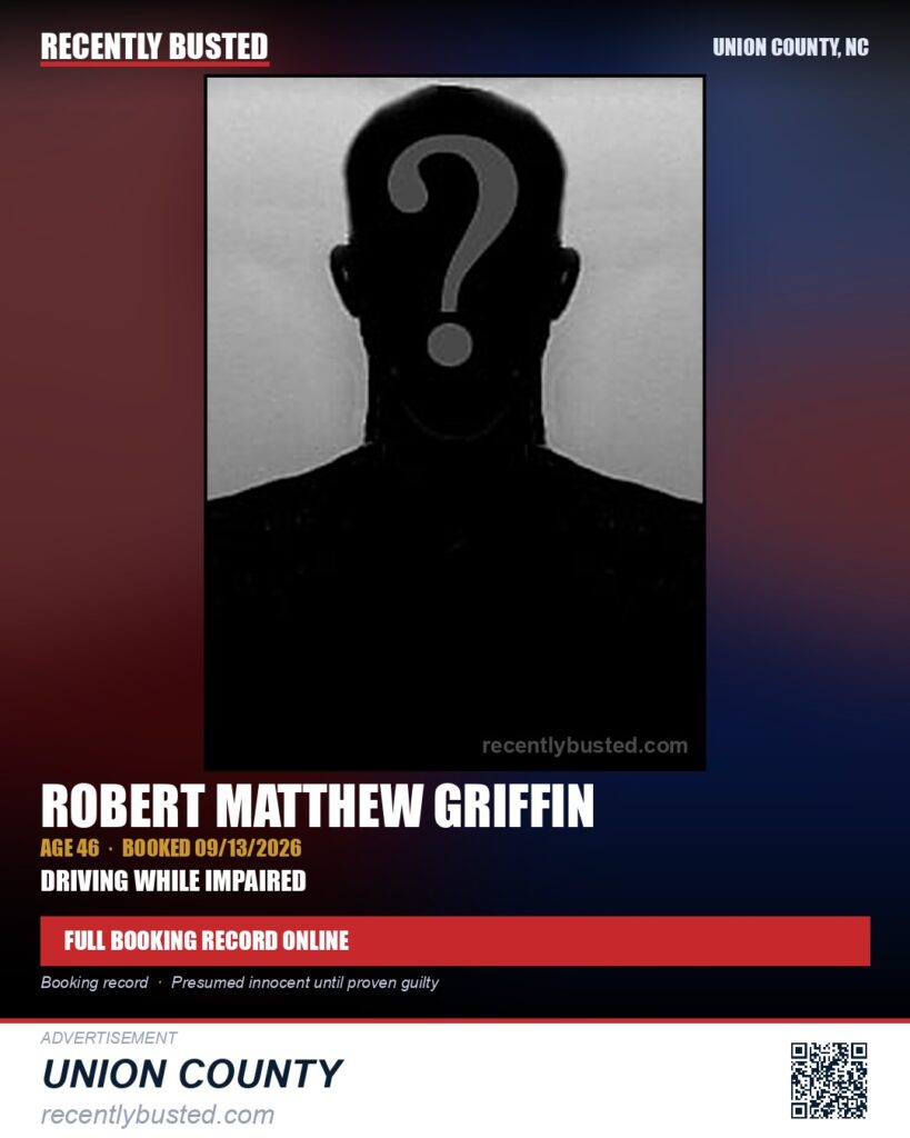 GRIFFIN, ROBERT MATTHEW — arrest record card, Union County, North Carolina